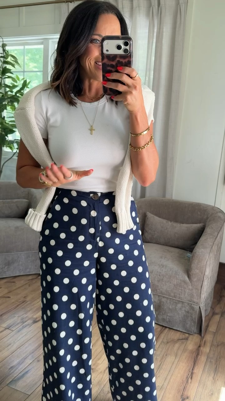 Target is bringing all the coastal grandma vibes with these pants! 🤍⚓️

I immediately fell in love with the navy polka dots and wide-leg fit. They look so chic paired with a simple white tee and sweater draped over the shoulders, but would be just as cute dressed up for dinner or date night.

Such an easy outfit that looks expensive without the expensive price tag. ✨

#targetstyle #targetfinds #targetfashion #polkadots #widelegpants #coastalstyle #coastalgrandma #summerstyle #affordablefashion #targetdoesitagain #everydaystyle #fashionfinds #ootd #classicstyle #summerfashion #lookforless #targetnewarrivals #ltkstyle #ltkfashion #capsulewardrobe