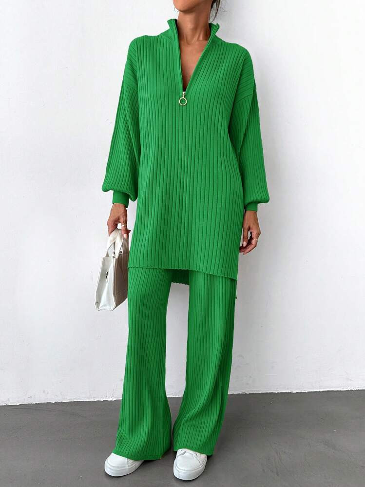 Half Zip Drop Shoulder Sweater & Knit Pants | SHEIN