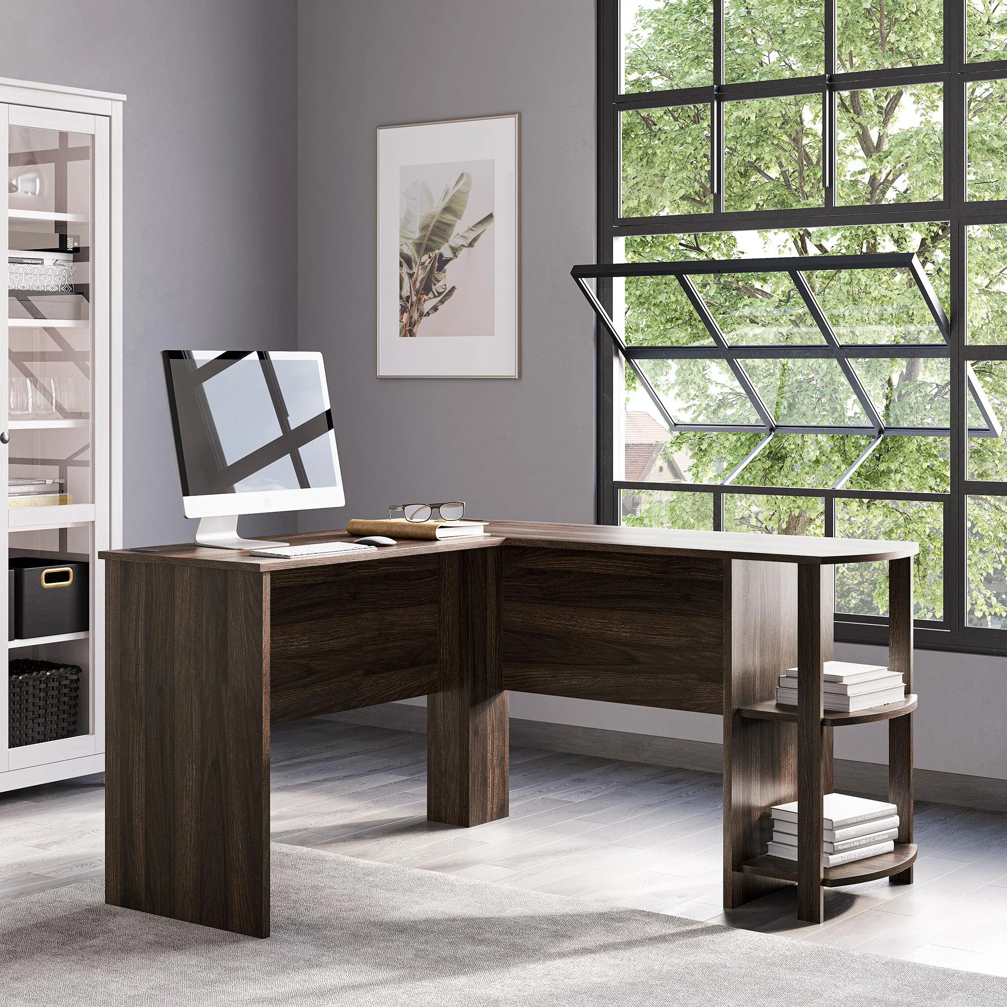 Belleze Kent L-Shaped Home Office Desk, Wood Corner Computer Desk, Dark Walnut - Walmart.com | Walmart (US)