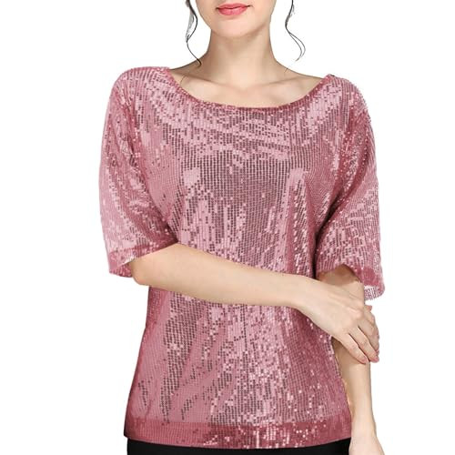 Sequin Shirts for Women Glittery Tops Women Sequin Tops for Women Fashion Round Neck Short Sleeve Sparkly Glitter Blouses Casual Loose Evening Party T Shirts Pink | Amazon (US)