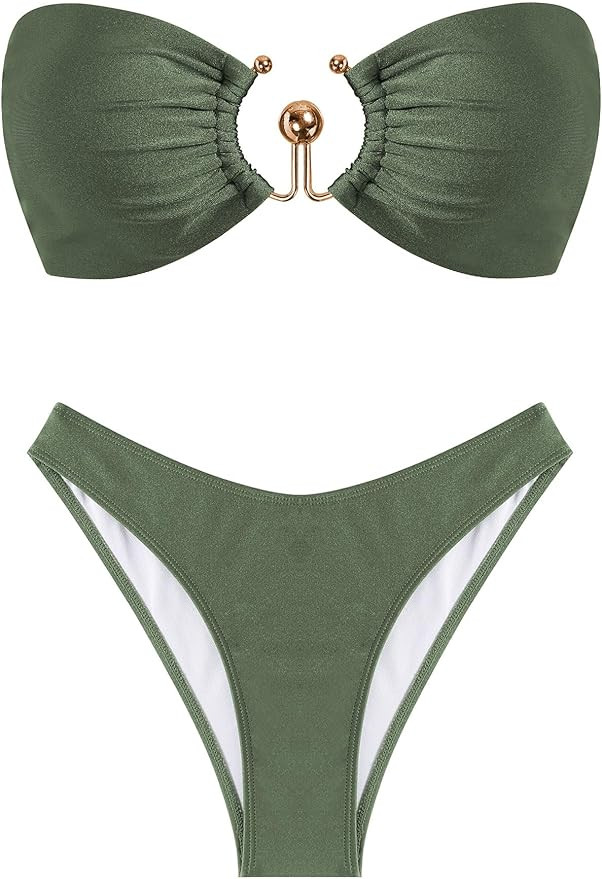 ZAFUL Womens Bandeau Bikini Set Metallic Sparkly O Ring Lace Up Tie Side High Cut Tanga Sexy Bath... | Amazon (US)