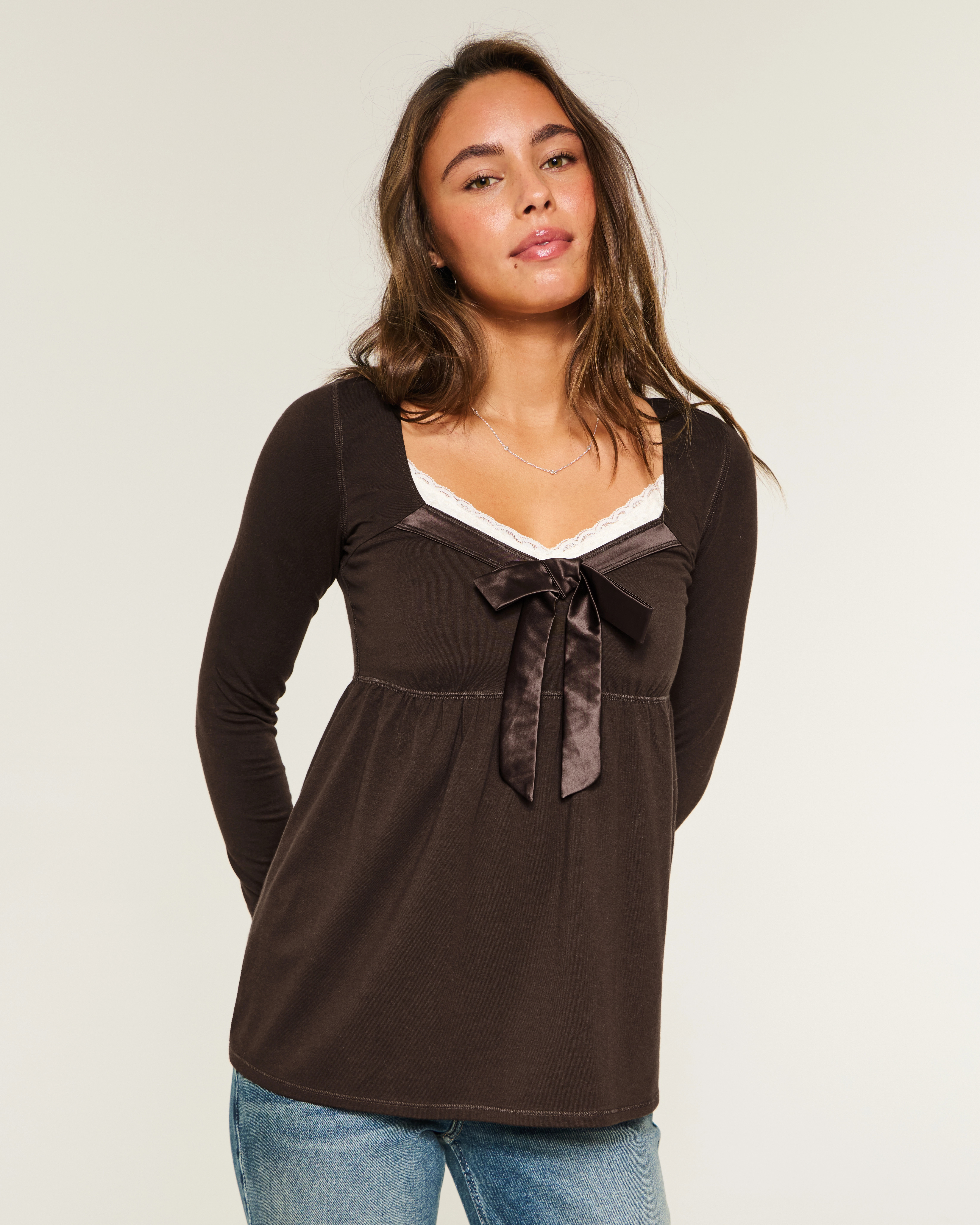 Holiday Vault Release Easy Satin Tie-Front Knit Babydoll Top | Hollister (US)