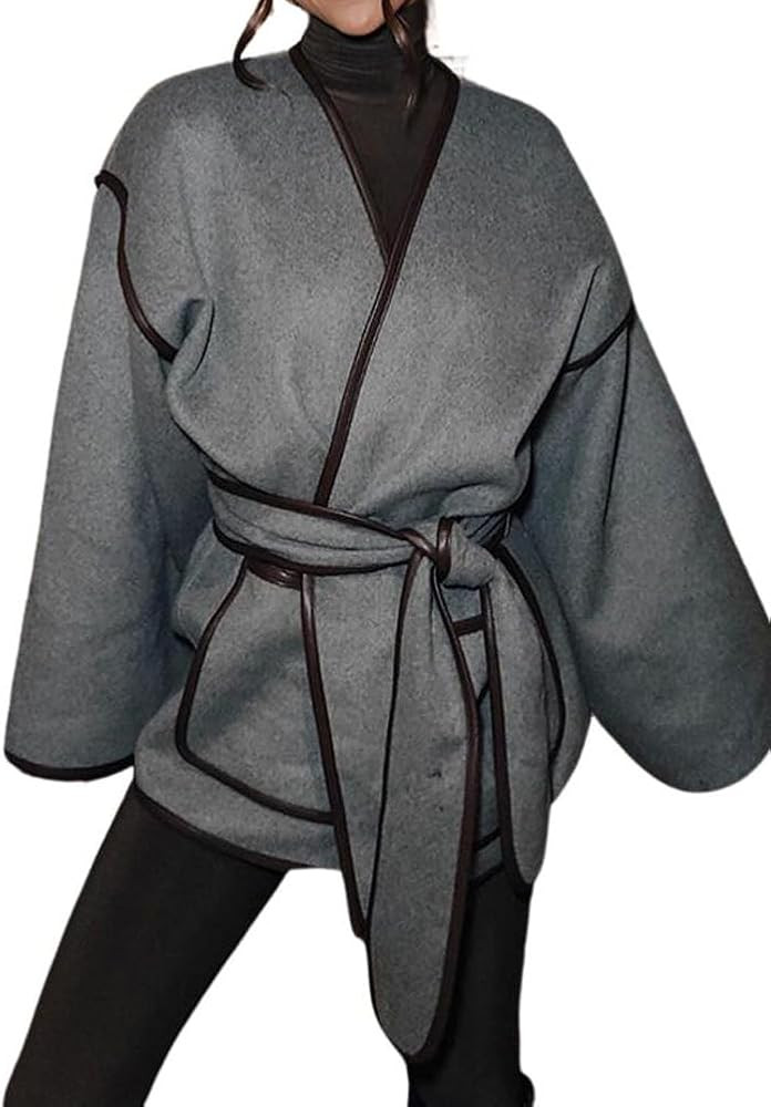 chouyatou Women's Winter Collarless Wool Coat Contrast Color Oversized Winter Woolen Overcoat wit... | Amazon (US)