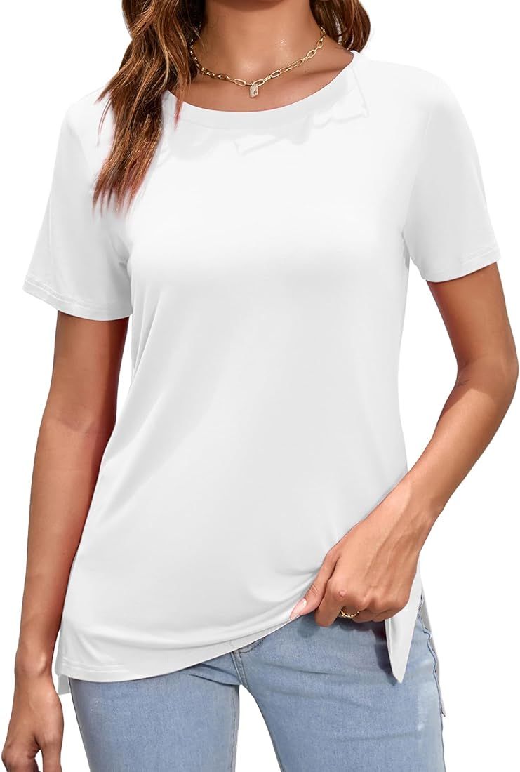 Herou Summer Women Casual Short Sleeve Tops T-Shirts Tees with Side Split | Amazon (US)