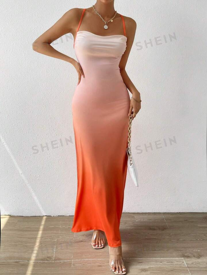 SHEIN BAE Ombre Draped Collar Lace Up Backless Cami Dress | SHEIN