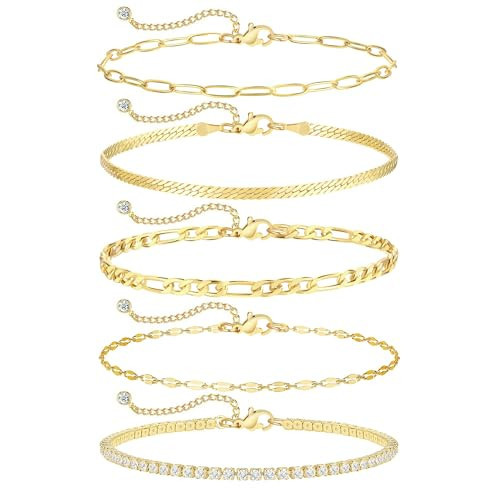 iF YOU Gold Ankle Bracelets for Women, 14k Gold Plated Waterproof Cuban Link Chain Anklets Set, Layered Anklet Bracelets for Women Beach Gift Adjustable Size 5pc (Style7-gold) | Amazon (US)