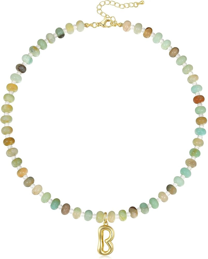 KissYan Initial Necklaces for Women, Colorful Beaded Gemstone Choker 14K Gold Bubble Letter Penda... | Amazon (US)