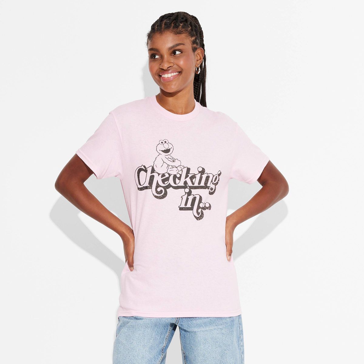 Women's Elmo Checking in... Short Sleeve Graphic T-Shirt - Light Pink | Target
