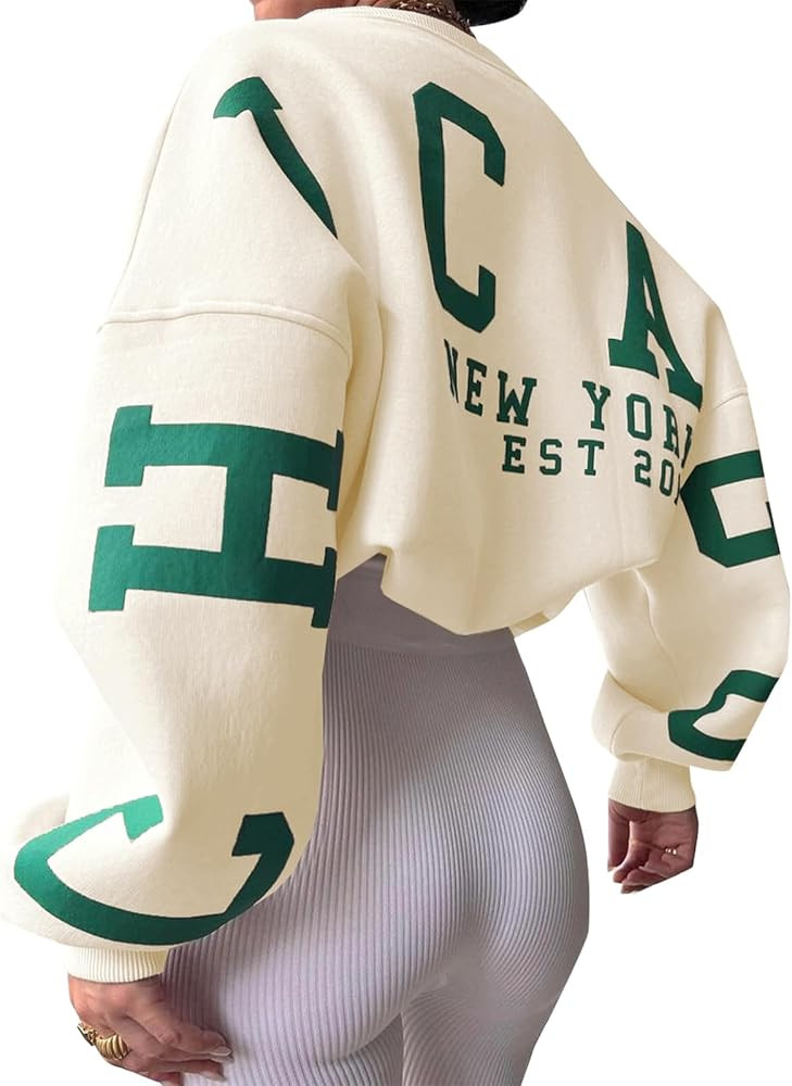 Womens Graphic Sweatshirt Y2K Oversize Letter Chicago Graphic Print Sweatshirt Drop Shoulder Crew... | Amazon (US)