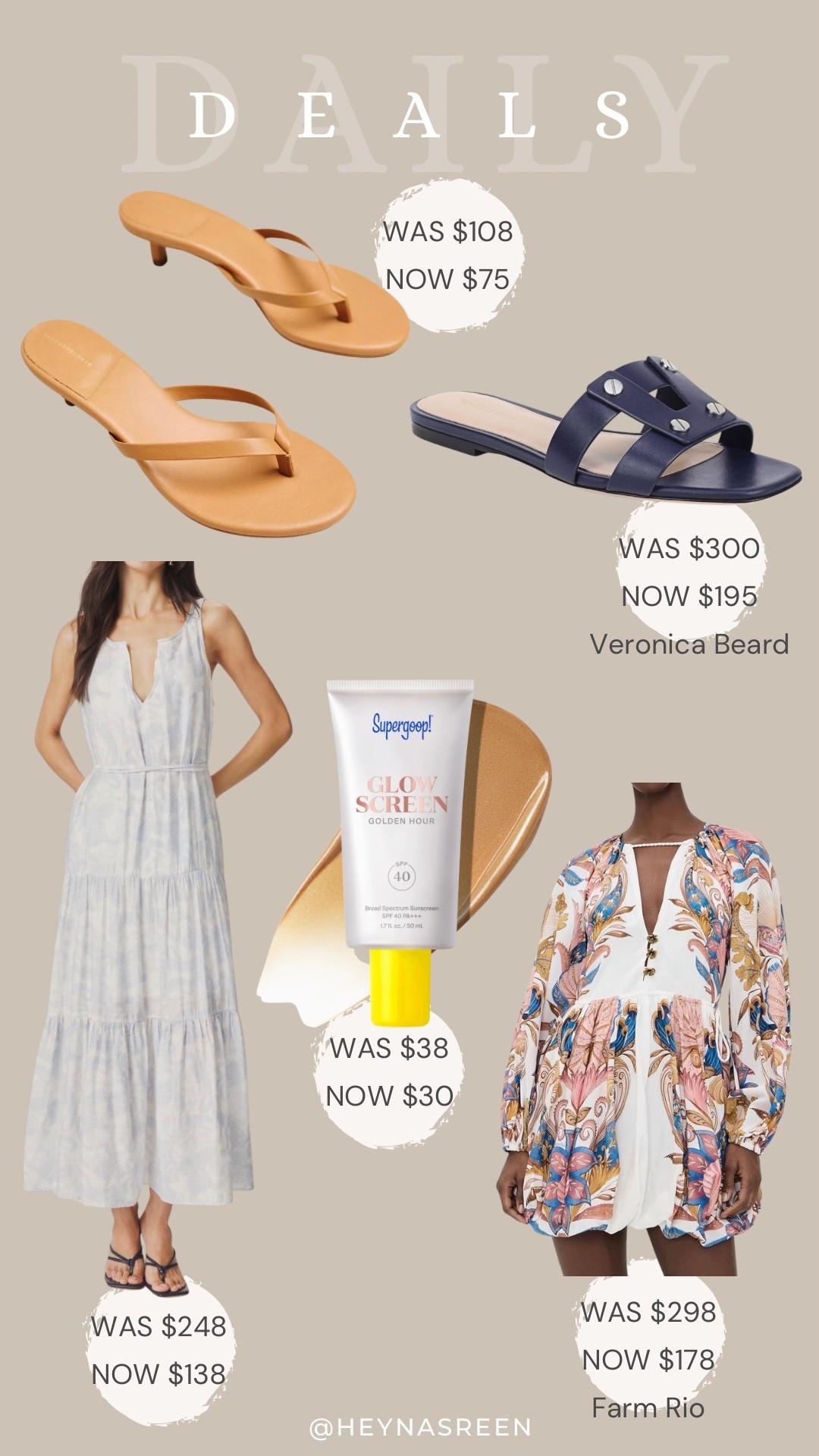 Daily deals on Anthropologie flip flop kitten heels, Veronica Beard sandals, Supergoop glow screen sunscreen, Farm Rio dress, Splendid dress