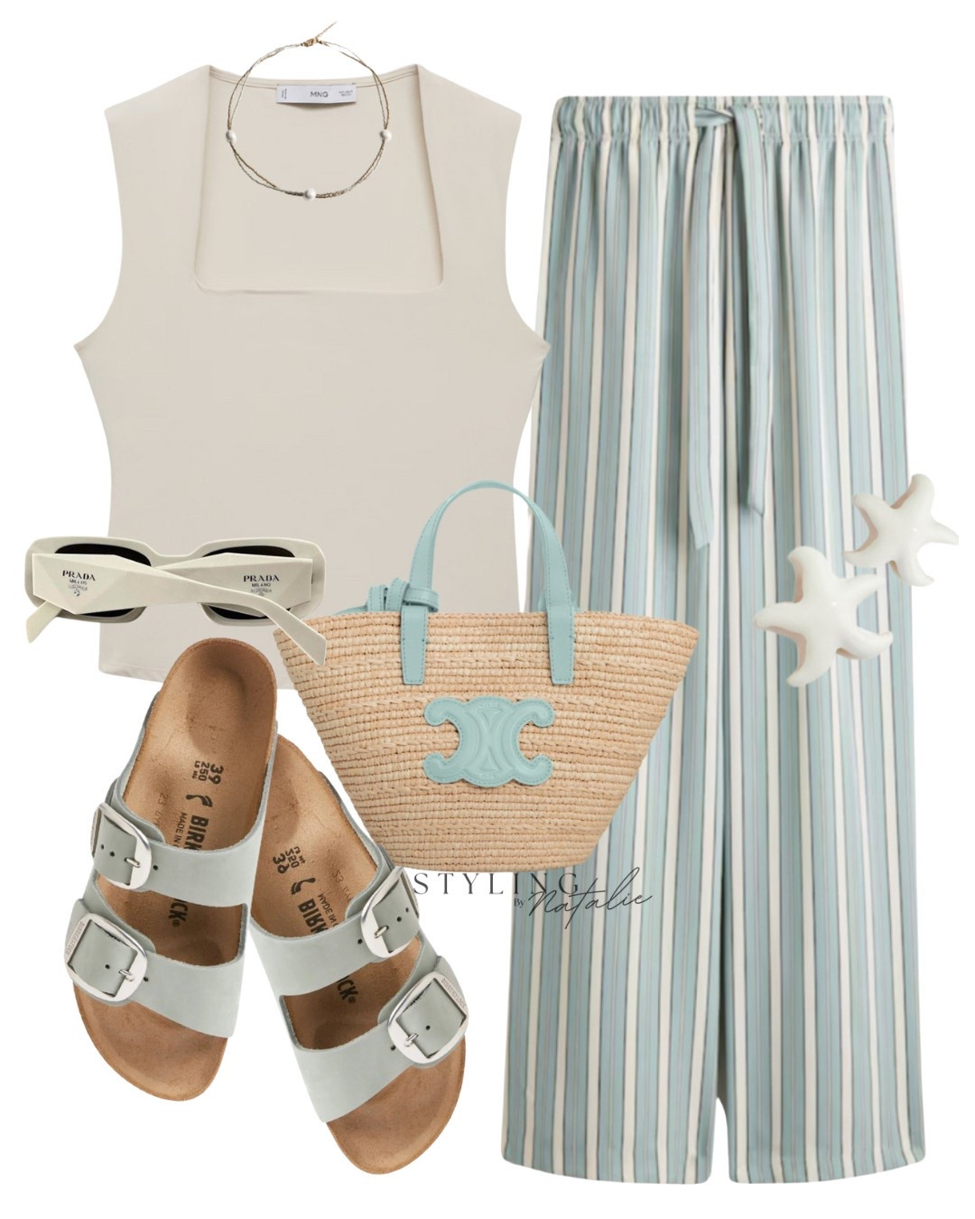 Casual comfy, everyday summer outfit with stripe pull-on trousers, square neck top, tote bag, Birkenstock sandals, Prada sunglasses & pearl necklace. Casual chic, comfy style, summer  holiday look. Vacation style, high street, H&M fashion. 

#LTKuk #LTKsummer #LTKeurope