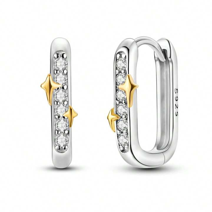 Pendientes elegantes de lujo de estrellas doradas brillantes de plata esterlina 925 en forma rect... | SHEIN