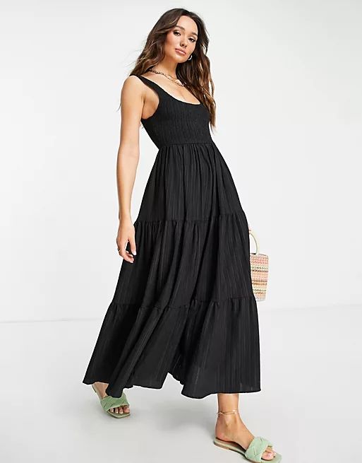 ASOS DESIGN shirred maxi sundress with tiers in stripe texture in black | ASOS (Global)