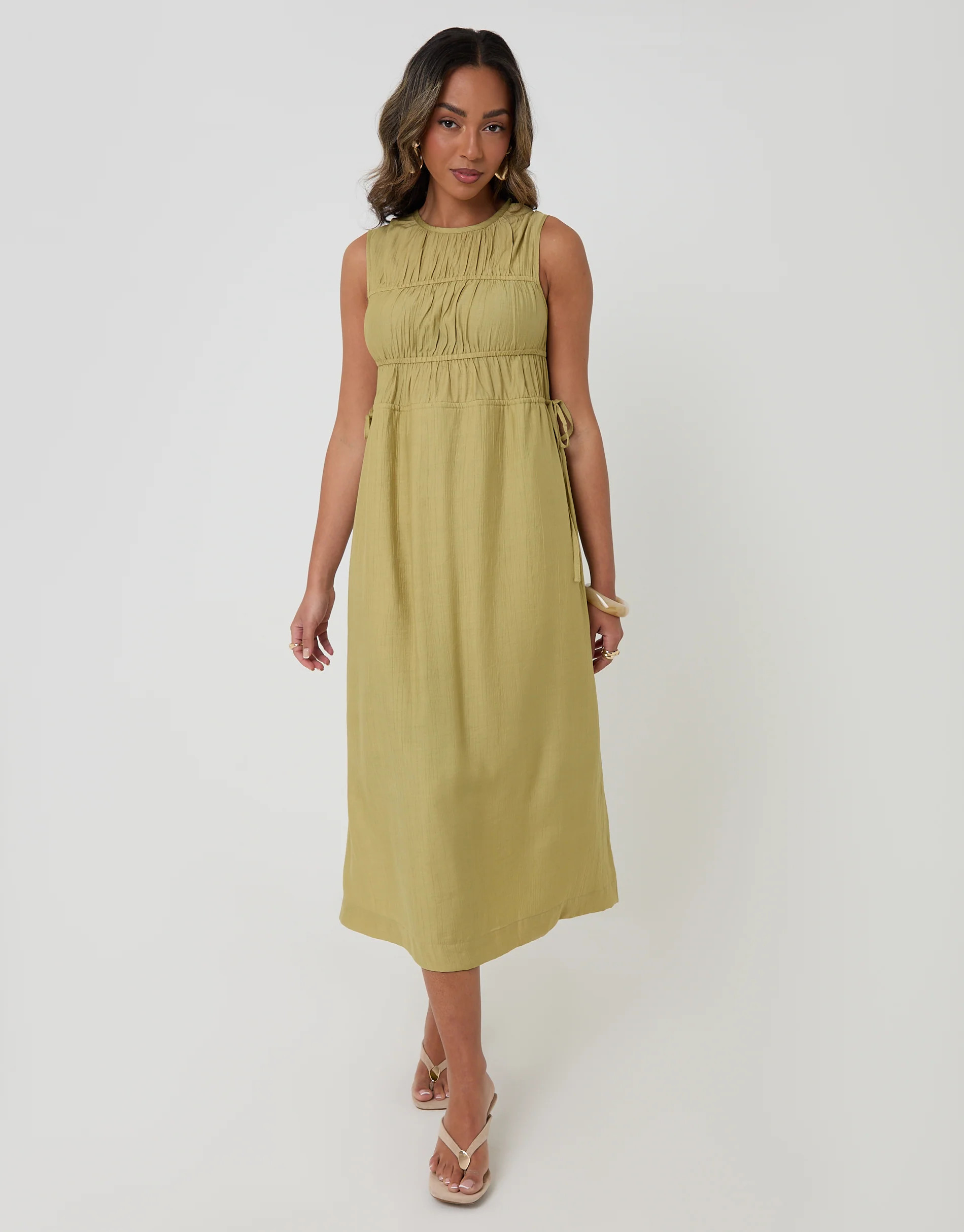 Ruched Drawstring Midi Dress in Chartreuse | Threadbare UK