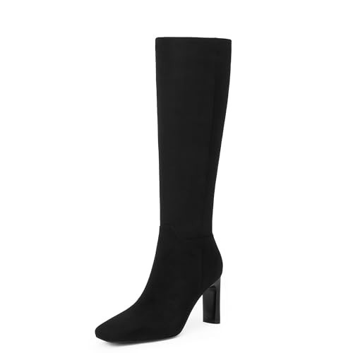 Modatope Knee High Black Suede Boots for Women Block Chunky Heel Square Toe Tall Long High Boots Size 9.5 | Amazon (US)