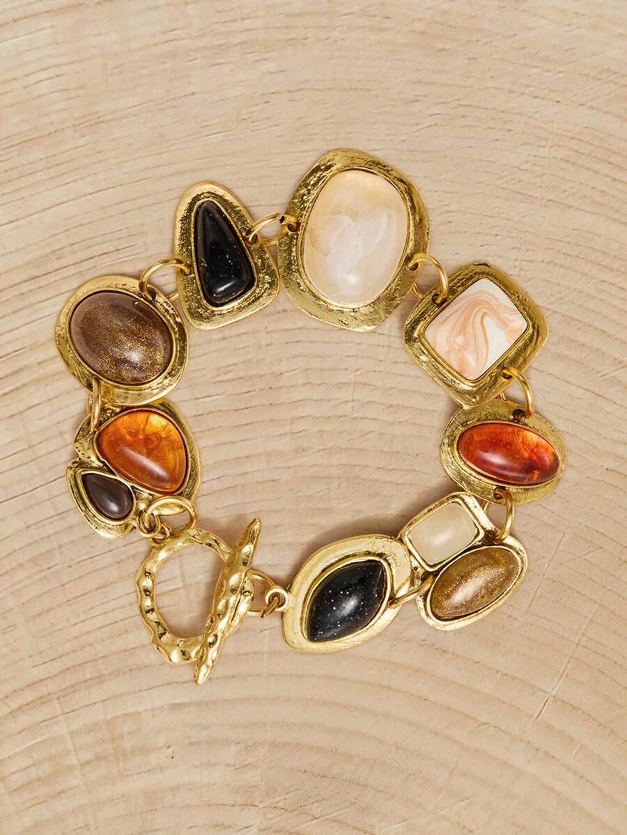 Glizzene 1pc Bohemian Vintage Style Gold Metal Hollow Chain With Resin Decoration Bracelet For Wo... | SHEIN