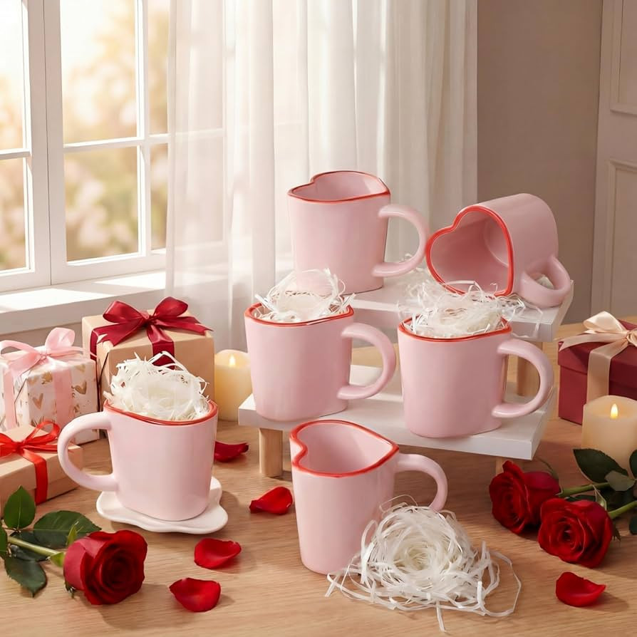 6 Pcs Heart Shaped Mugs Valentine's Day Gift 10 oz Ceramic Mugs with Heart Cards Pink Coffee Cups... | Amazon (US)
