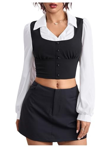 MakeMeChic Women's Collared Long Sleeve Crop Blouse Colorblock Office Work Tops Black and White Large | Amazon (US)