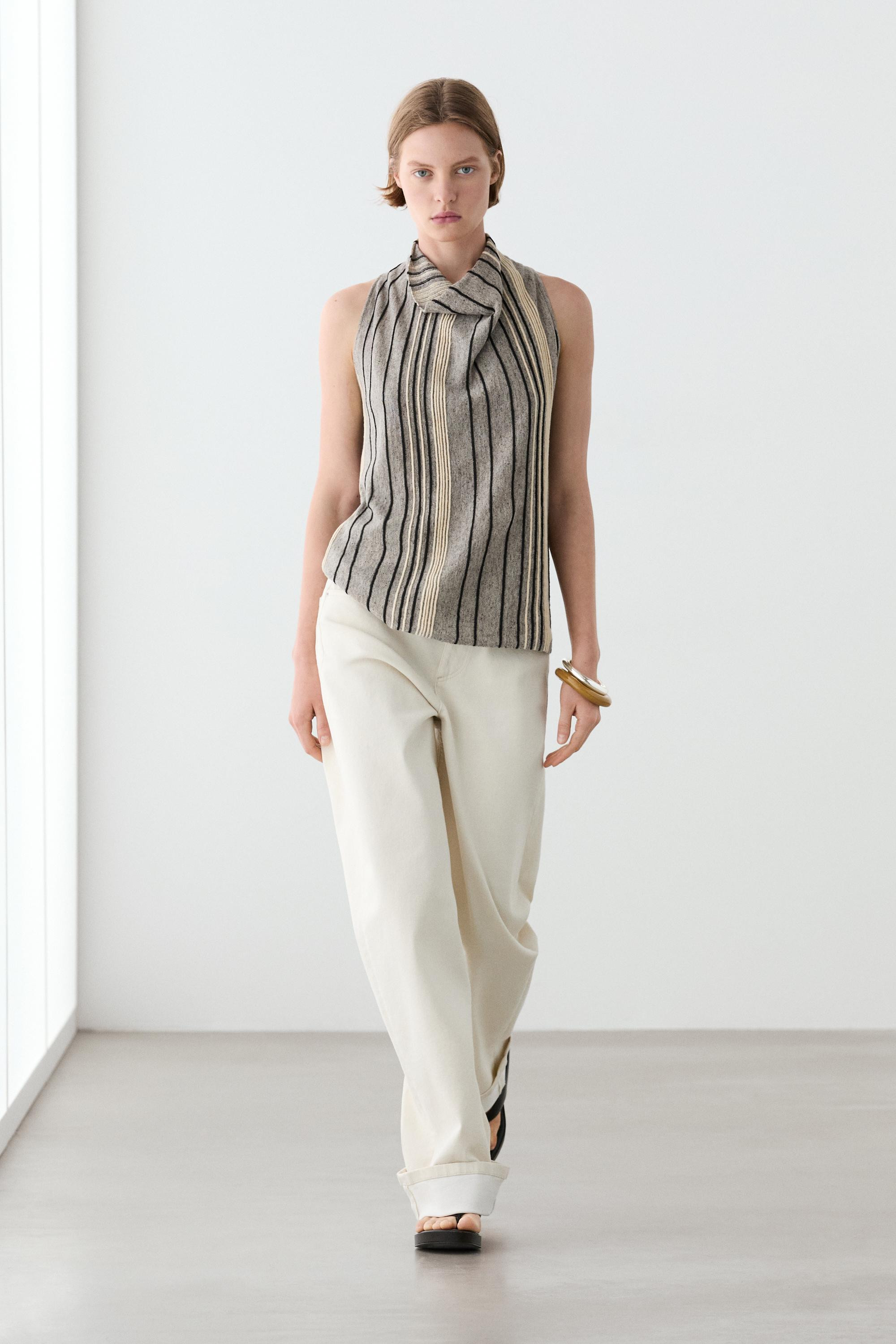 Linen blend top with draped neckline | Massimo Dutti UK