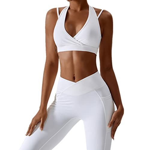 ABOCIW Workout Sets for Women Strappy Halter V Neck Sport Bra Crossover High Waist Leggings with Pockets Scrunch Butt Lifting Yoga Pant Buttery Soft Gym Yoga 2 Piece Outfits White Halter X-Large | Amazon (US)