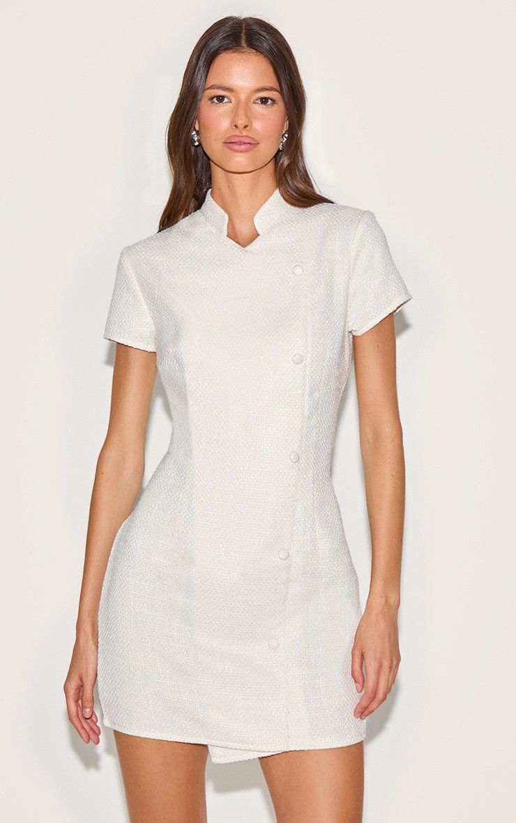 Butter Cream Boucle Button Detail Mini Dress | PrettyLittleThing US