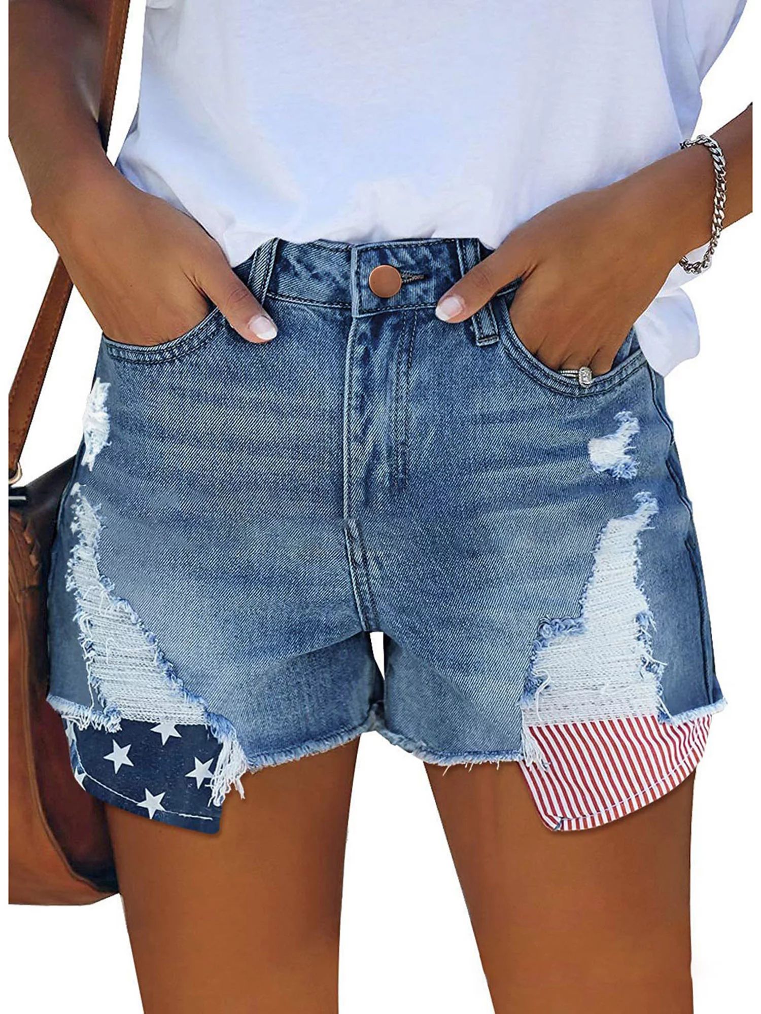 Holes Style 4th of July Women Ripped Jeans Shorts High Stretchy Hem Short for Independence Day Wo... | Walmart (US)