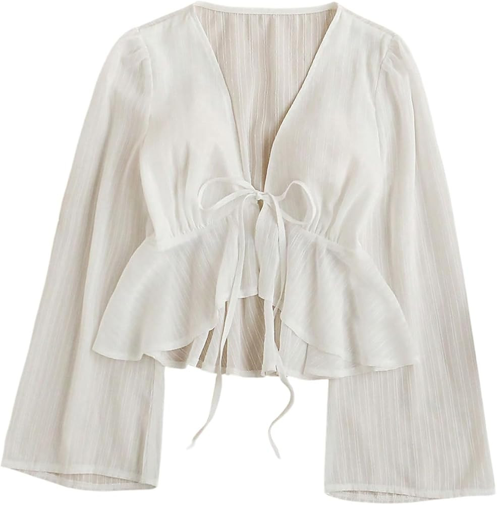 Floerns Women's Sheer Tie Front Flowy Sleeve Blouse Asymmetrical Ruffle Hem Flared Blouse | Amazon (US)
