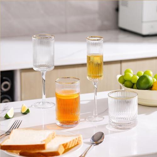 Lysenn Wine Glasses, Ribbed and Fluted Vintage Glassware Set Includes Wine Glasses, Champagne Glasses, Whiskey Glasses and Highball Glasses for Christmas or Wedding Party, Set of 4 | Amazon (US)