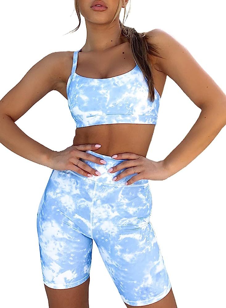 Women 2 Piece Set Workout Athletic Shorts Leggings and Sports Bra Set Leopard Print Yoga Outfits ... | Amazon (US)