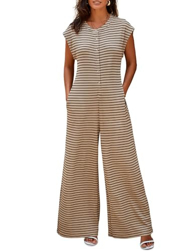 Cicy Bell Womens Casual Striped Jumpsuits Wide Leg Cap Sleeve Summer Jumper Crew Neck Button Down... | Amazon (US)