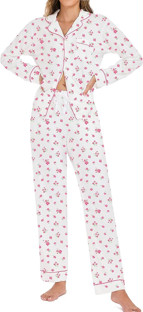 LUBOT 100% Cotton Pajamas for Women PJ Set Soft 2 Piece Ladies Button Knit Long Short Sleeve Slee... | Amazon (US)