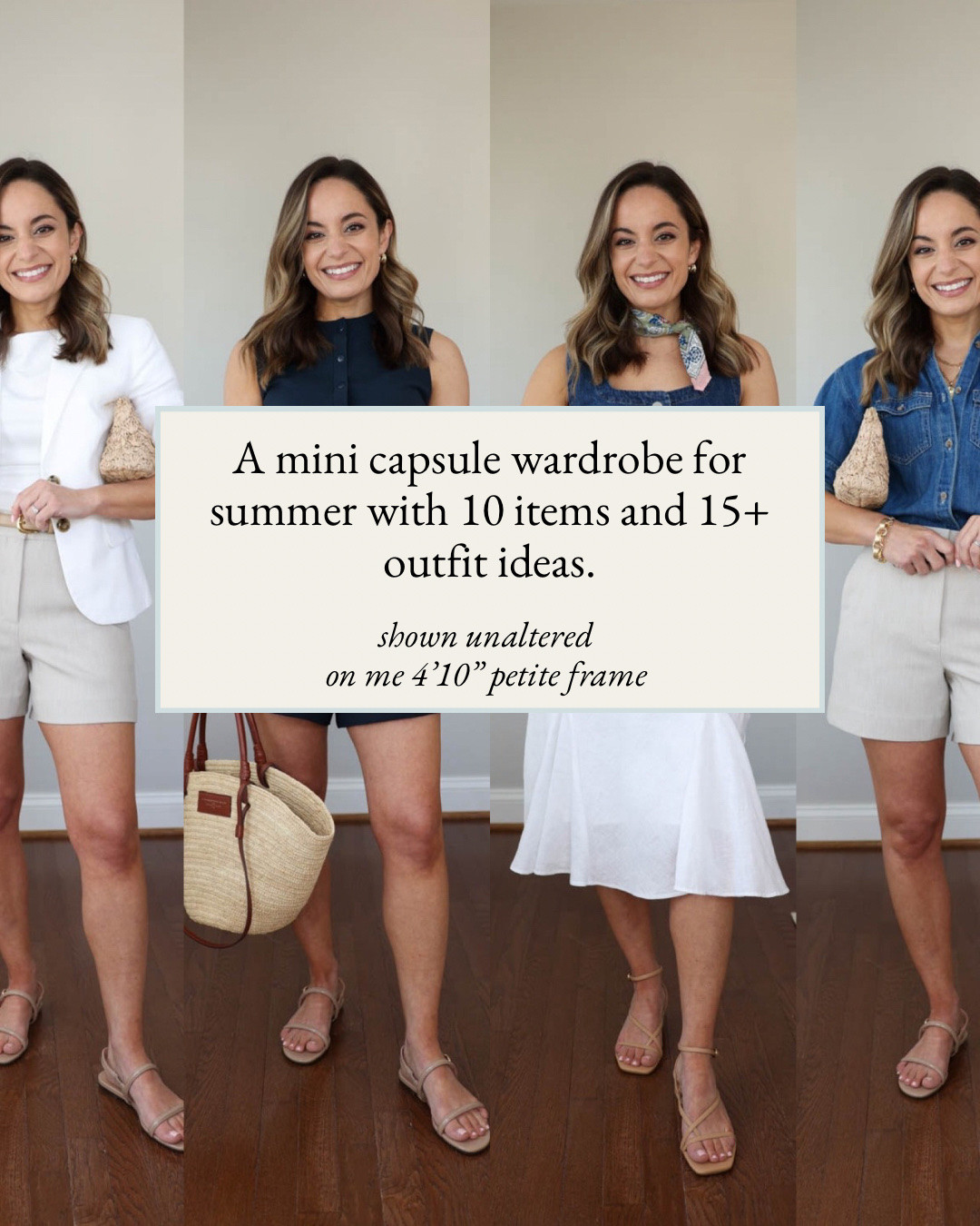 A mini capsule wardrobe for summer! 

10 items, 20 outfits. I built this one with polished pieces for a capsule that’s a little dressed up, perfect for something like a special vacation!

3 bottoms 
White linen skirt (J.Crew): petite xxs 
Navy shorts (Aritzia): xs - mid thigh option 
Beige shorts (Aritzia): 0 - mid option 

5 tops 
White top (Nordstrom): petite xs 
Navy sleeveless cardigan (Kohl’s): xs 
Denim vest (BR Factory): 0 
Chambray top (J.Crew): petite 0 
White blazer (J.Crew Factory): petite 00 

2 shoes
Sandals (J.Crew): true to size 
Heels (Dolce Vita): true to size, a little tight on toes 

My measurements for reference: I’m 4’10” and 105lbs. My bust, waist, and hip measurement is 32”, 24”, and 36”.

#LTKPetite