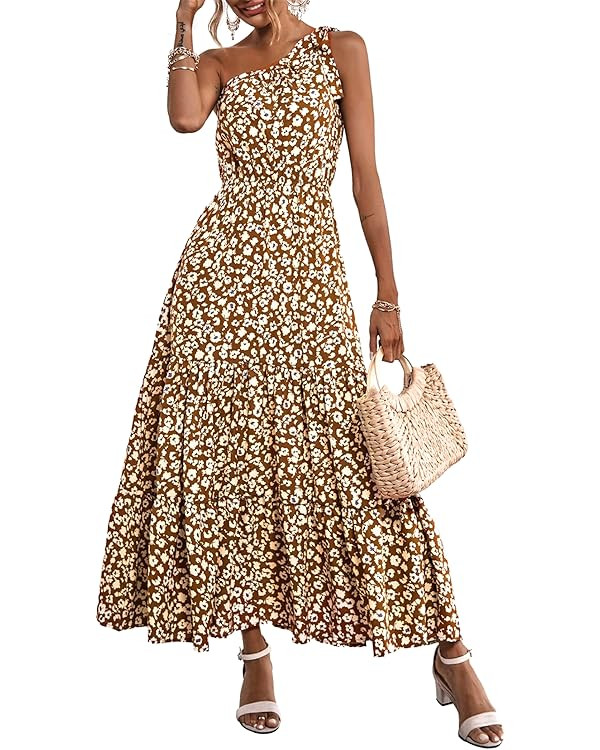 PRETTYGARDEN Womens 2024 Floral Knot One Shoulder Sleeveless Ruffle Hem Flowy Boho Dresses | Amazon (US)