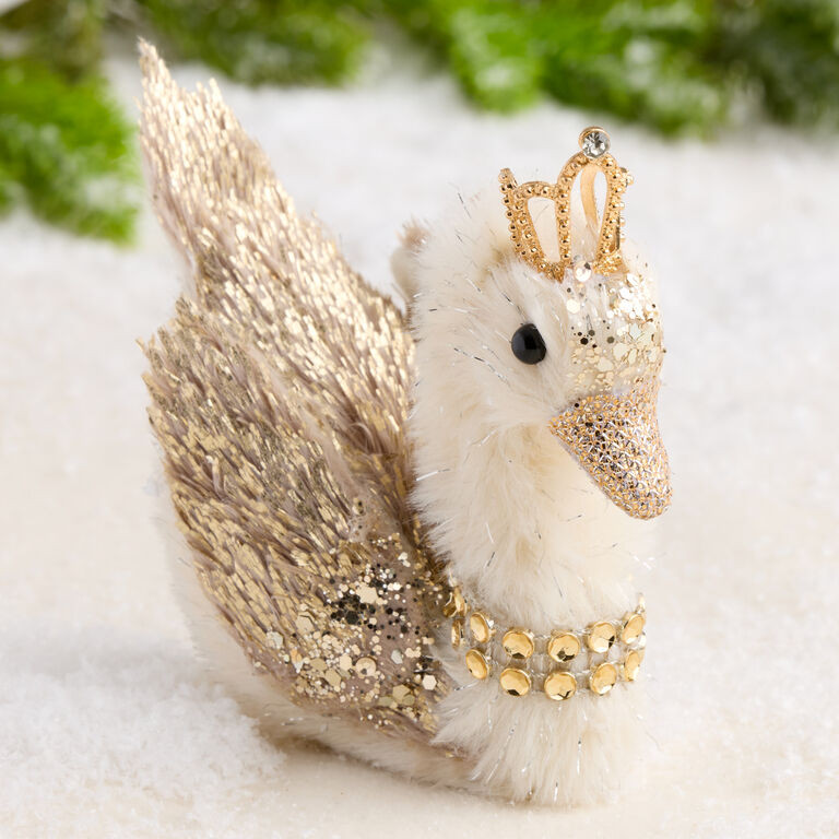 Ivory Fabric Swan with Gold Crown Ornament | World Market