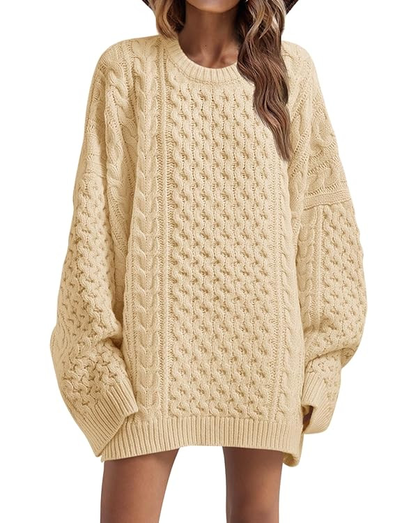 Saodimallsu Womens Oversized Sweaters Chunky Cable Knit Crewneck Long Sleeve Loose Tunic Sweater ... | Amazon (US)