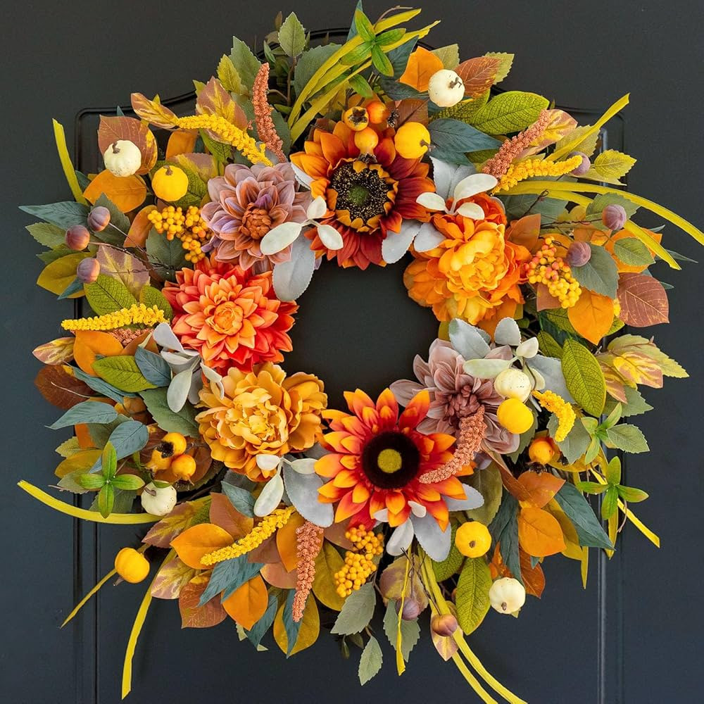 Fall Wreaths for Front Door 24 Inch Fall Wreath with Sunflowers, Dahlias & Pumpkins Autumn Harves... | Amazon (US)