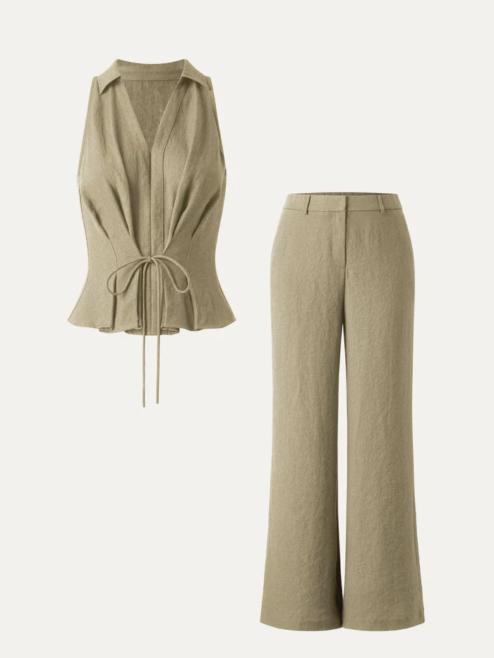 2Pcs Set Collared V-neck Sleeveless Top & Mid Rise Flared Pant with Pockets | OGLmove