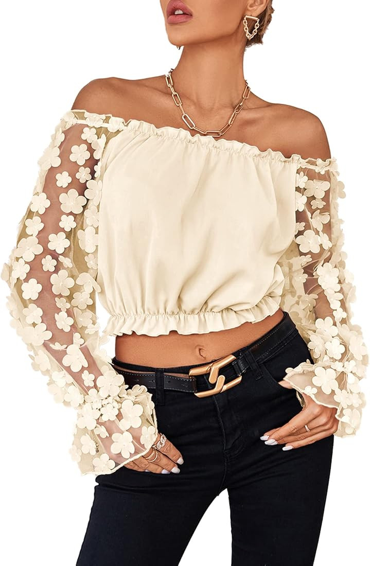 Women's Off Shoulder Floral Mesh Long Sleeve Ruffle Trim Crop Blouse Top | Amazon (US)