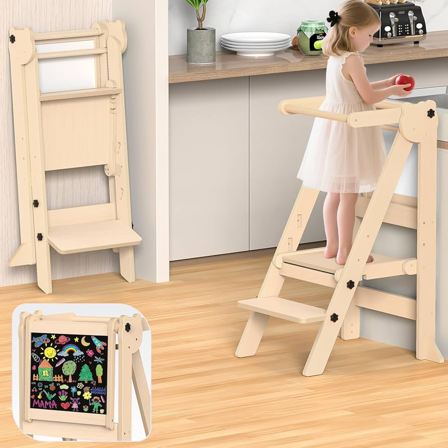 Foldable Toddler Tower, Wooden Toddler Kitchen Stool with 3 Adjustable Heights and Removable Whit... | Amazon (US)