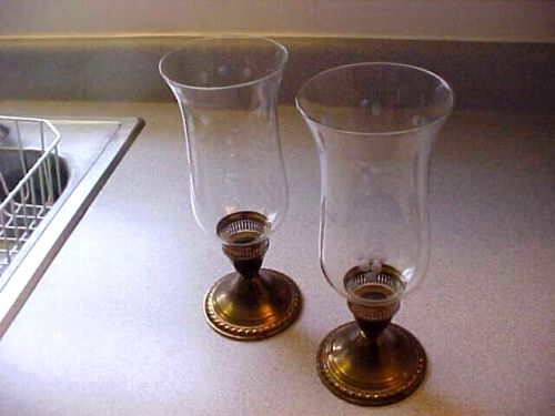 VINTAGE MATCHING PAIR OF BRASS CANDLE HOLDERS WITH ETCHED GLASS HURRICANE GLOBES | eBay US