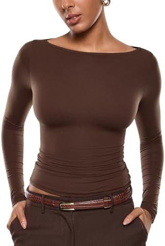 INLYRIC Women's Inbarely Ultra Long Sleeve Shirts Boat Neck Double Lined Going Out Tops Tight Fit... | Amazon (US)