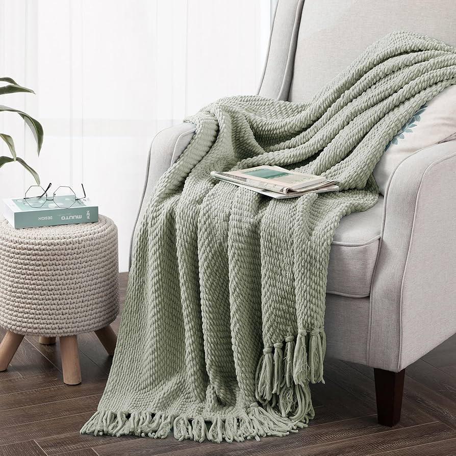 Throw Blanket for Couch Soft Knitted Textured Couch Cover Green Tweed Blanket with Fringe Tassel ... | Amazon (US)