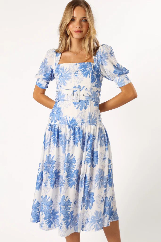 Magda Belted Midi Dress - Blue Floral | Petal & Pup (US)