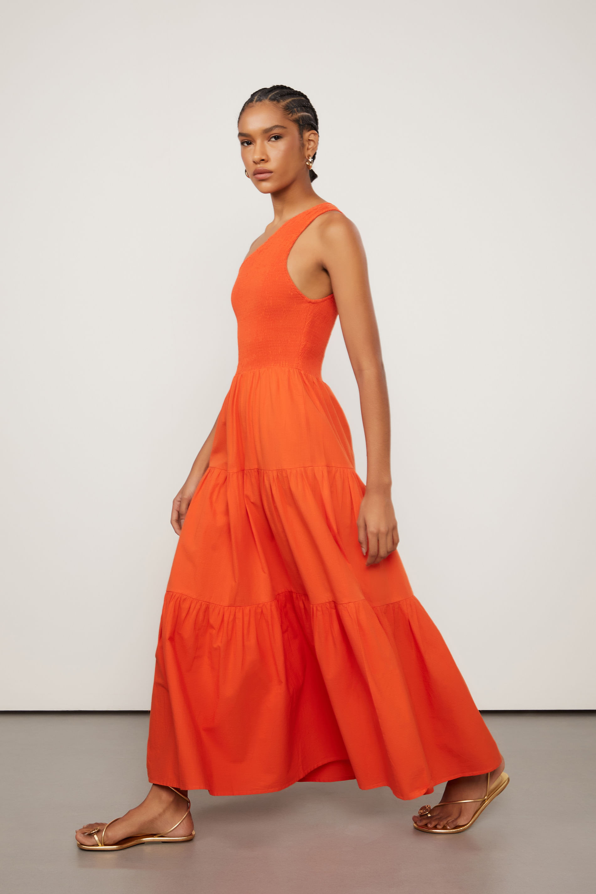 Vestido Midi Top De Lastex e Saia Com Camadas De Algodão Laranja | OffPremium (BR)