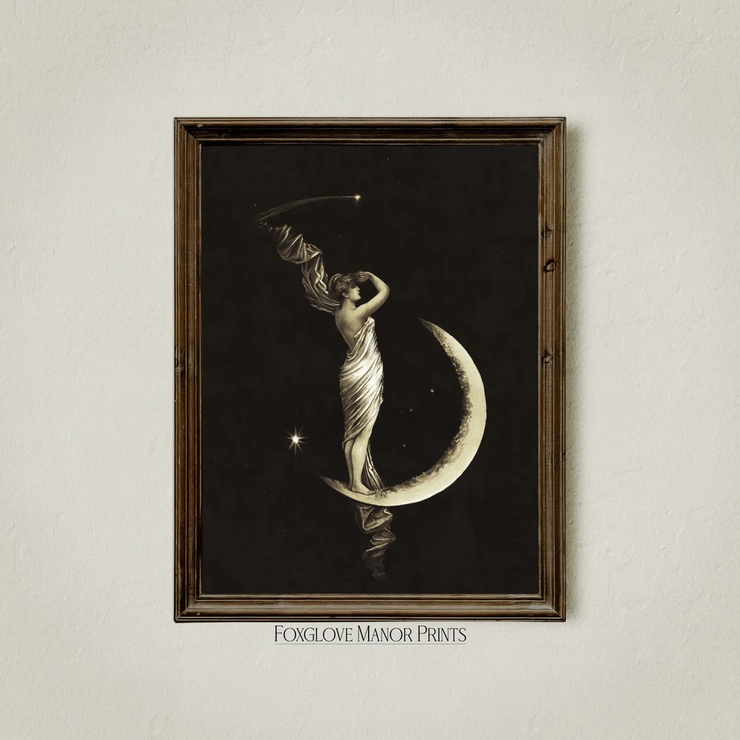 Moon Goddess Art Print, Crescent Moon & Stars Painting, Celestial Night Sky Wall Art, Digital Pri... | Etsy (US)