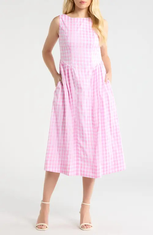 All in Favor Gingham Fit & Flare Midi Dress in Pink Gingham at Nordstrom, Size Medium | Nordstrom