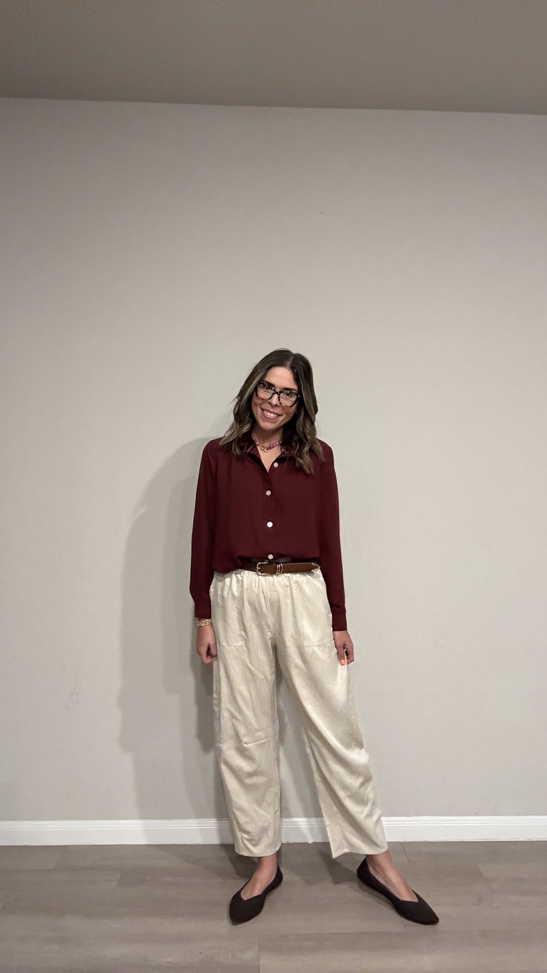 When you want to look like you have your life together but still be comfortable 😂 Loving this burgundy and cream moment with black pointed flats for a touch of elegance. What’s your go-to work outfit formula?

#LTKootd #LTKMidsize #LTKWorkwear