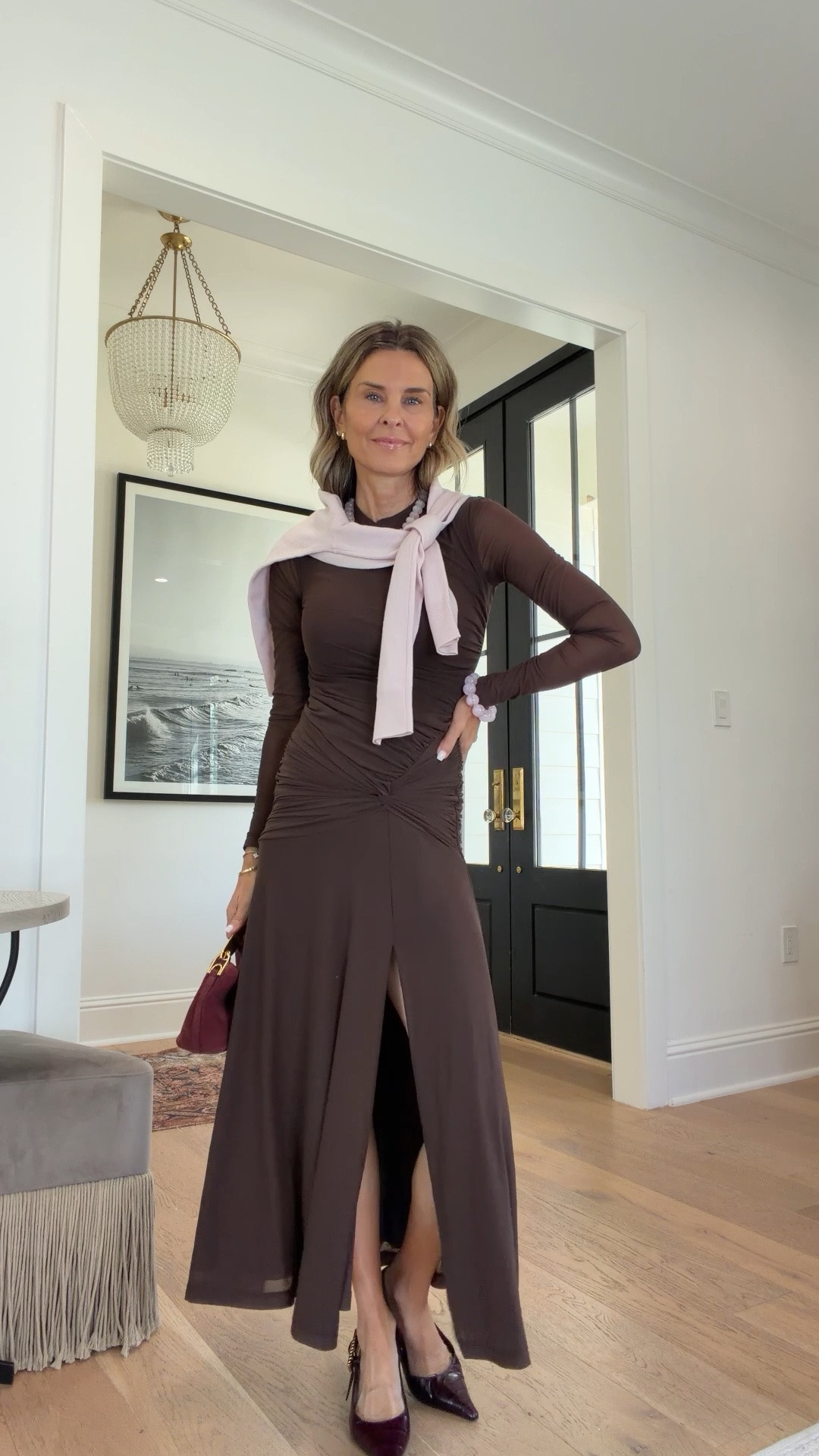 I’m 5’6
-Pink cashmere sweater XS
-ruched/gathered brown long sleeve dress xs
-beaded necklace and bracelet 
-burgundy suede bag 
-leather burgundy pointy heels 6.5

#LTKootd #LTKOver40 #LTKSeasonal