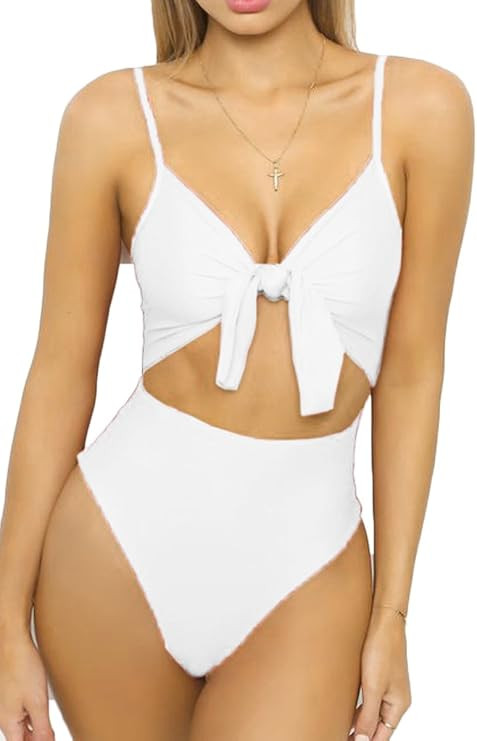 LEISUP Womens Spaghetti Strap Tie Knot Front Cutout High Cut One Piece Swimsuit | Amazon (US)