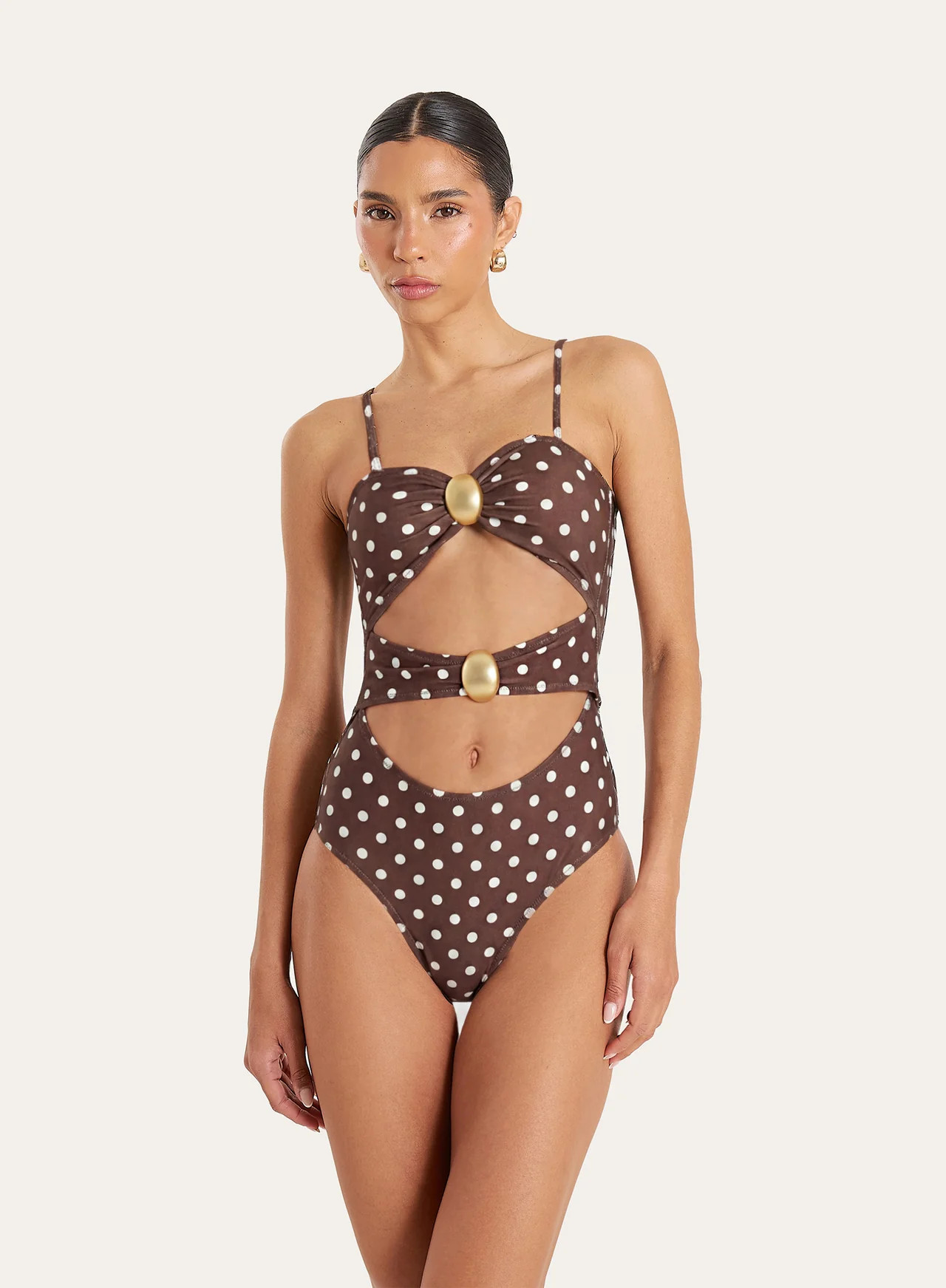 Women's Brown and White Polka Dot Cut Out Hardware Detail Swimsuit | Orla | 4th & Reckless | 4th & Reckless